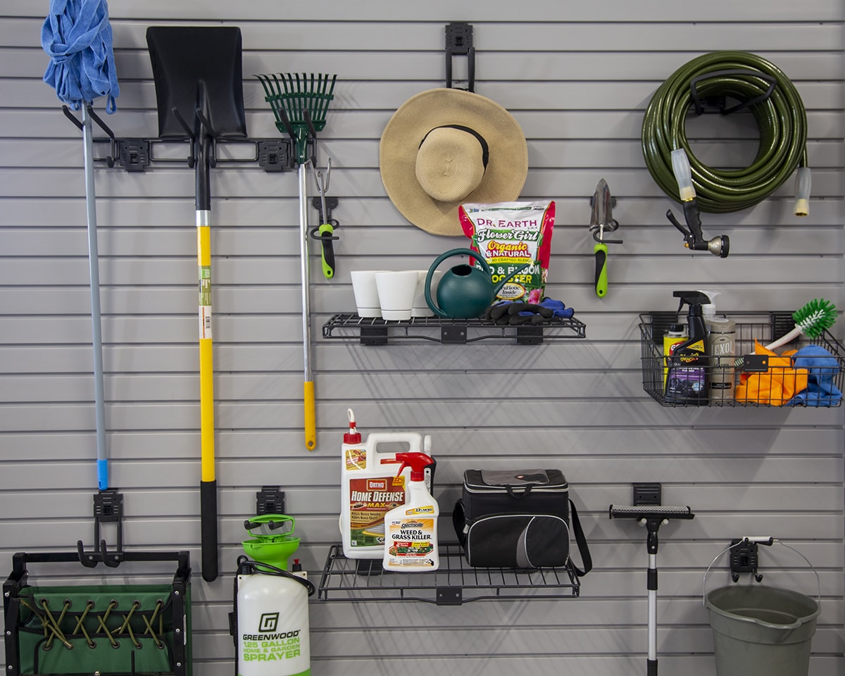 gray-slatboard-wall-storage San Diego homebuyers will find it an attractive addition when they see a well-furnished space with garage storage racks